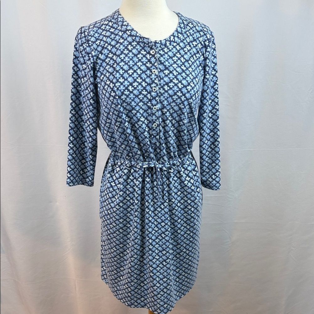Lands' End Navy and White Floral Patterned Drawstring Dress, Small
